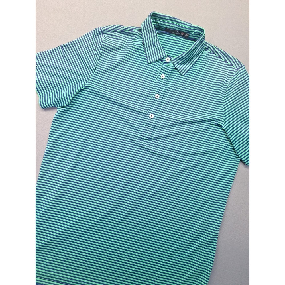 RLX Ralph Lauren Polo Shirt Mens Medium Blue Green Striped Golf Wicking Preppy